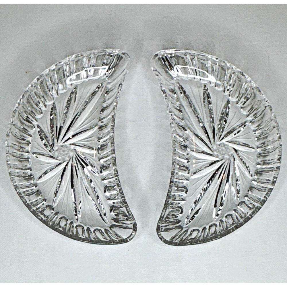 Set of 2 Clear Cut Glass Crystal Crescent Platters, Starburst Pattern vintage